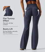 High Waisted Tummy Control Ruched Flare Yoga Leggings with Pockets — Mood Indigo — view 1