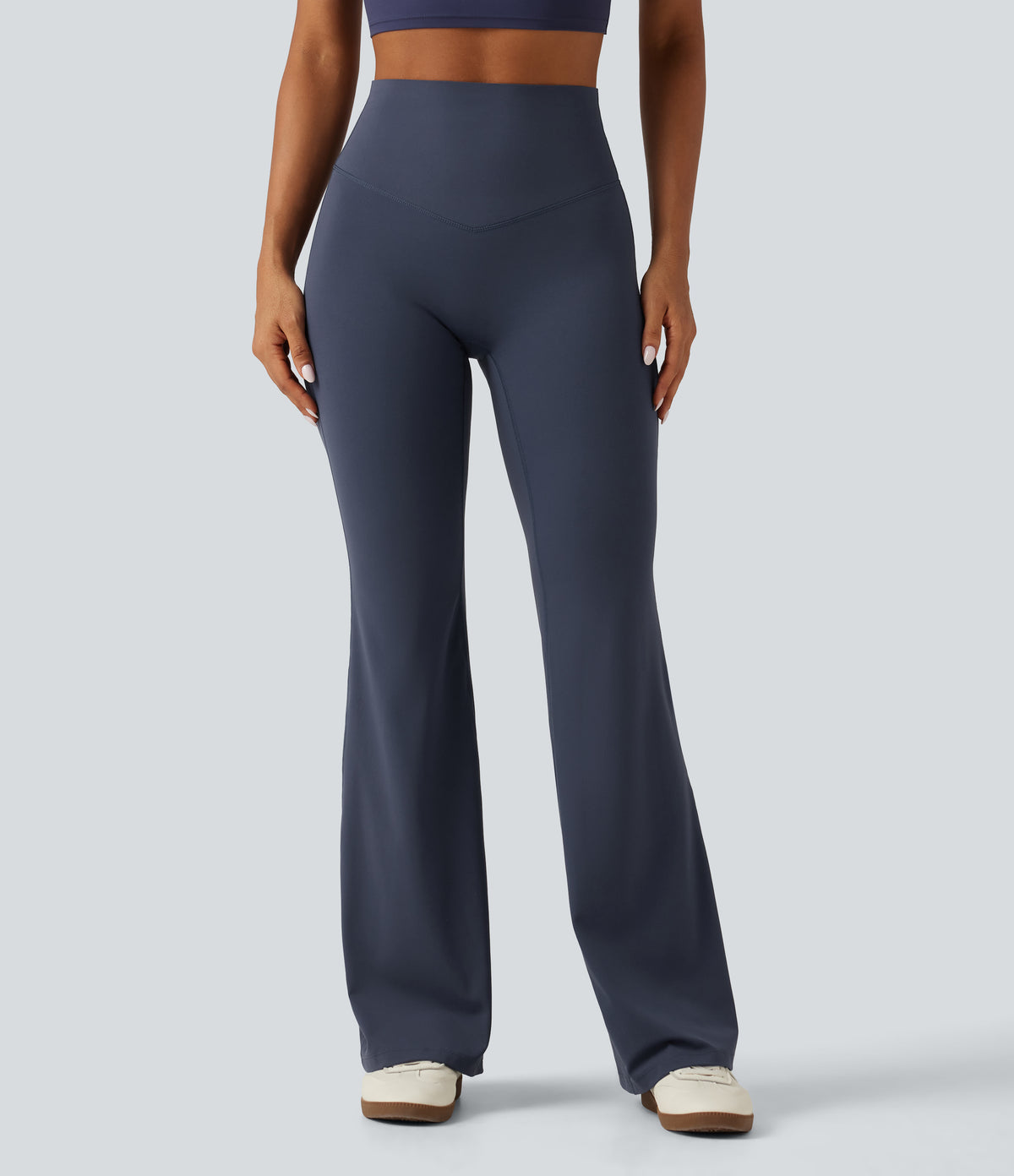 High Waisted Tummy Control Ruched Flare Yoga Leggings with Pockets — Mood Indigo — view 2