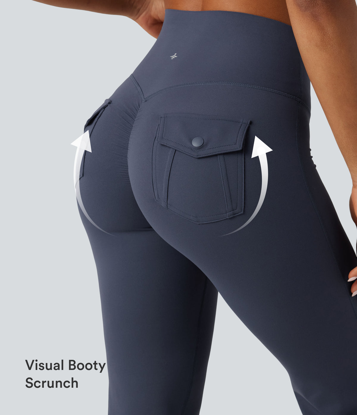 High Waisted Tummy Control Ruched Flare Yoga Leggings with Pockets — Mood Indigo — view 5