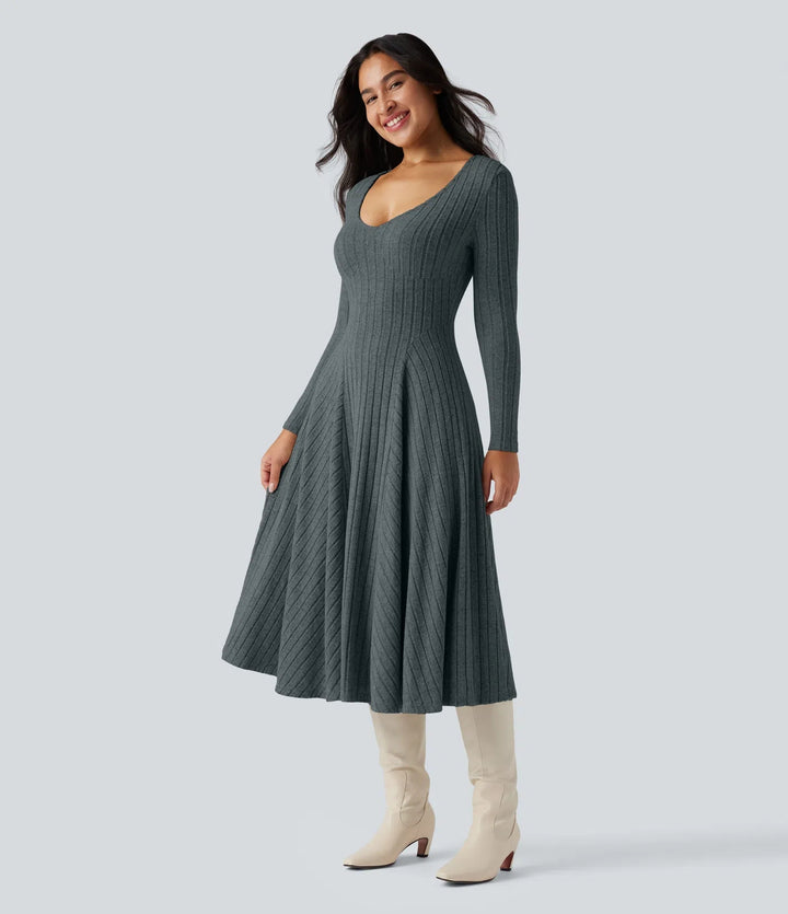 Ribbed Knit V Neck Long Sleeve Flare Midi Casual Dress with Pockets — Mottled Grey Blue — view 1