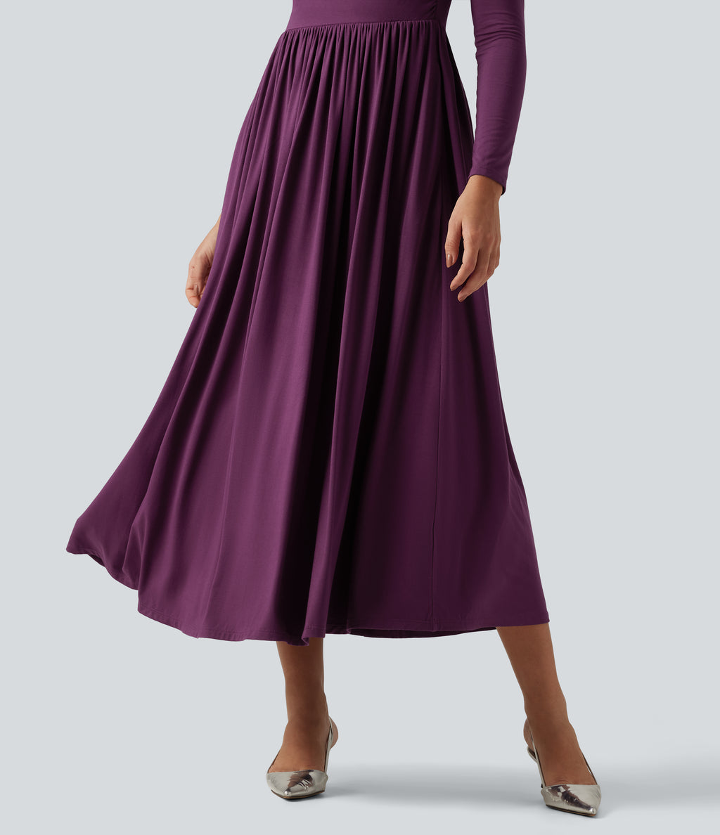 Off Shoulder Long Sleeve Midi Party Dress with Pockets — Gloxinia — view 7