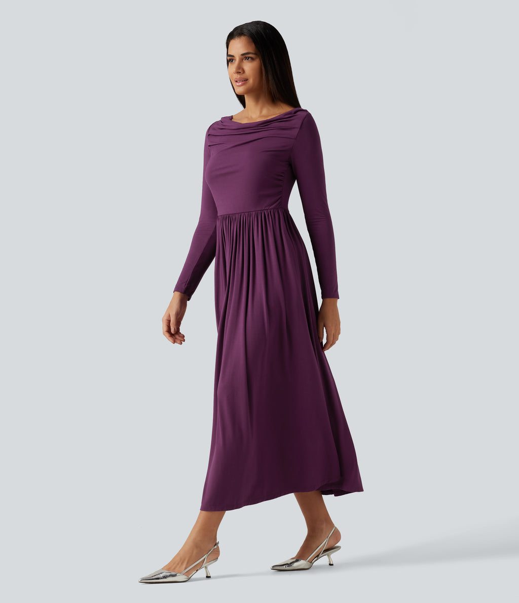 Off Shoulder Long Sleeve Midi Party Dress with Pockets — Gloxinia — view 3