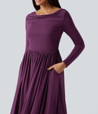 Off Shoulder Long Sleeve Midi Party Dress with Pockets — Gloxinia — view 5