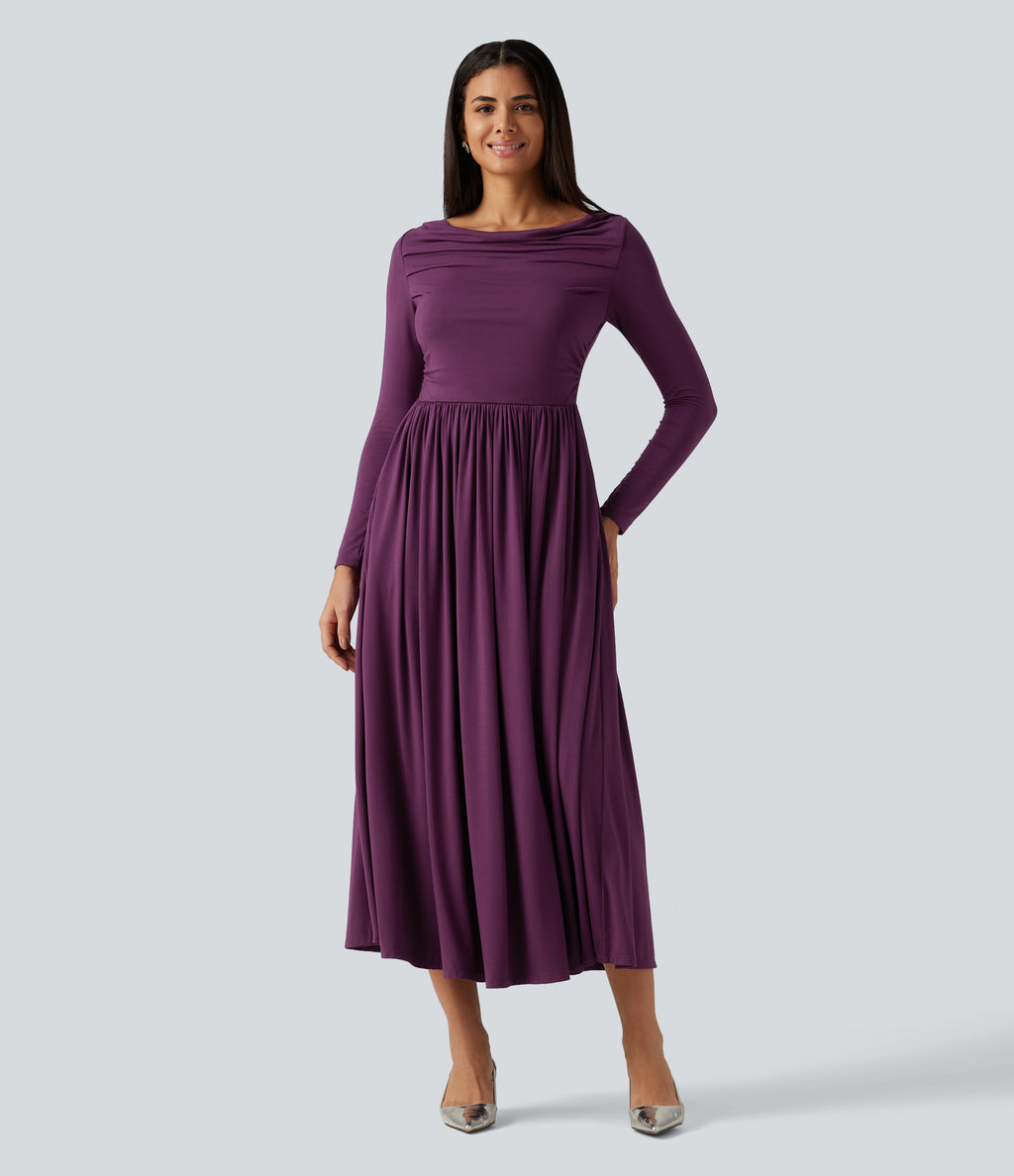 Off Shoulder Long Sleeve Midi Party Dress with Pockets — Gloxinia — view 4