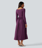 Off Shoulder Long Sleeve Midi Party Dress with Pockets — Gloxinia — view 2