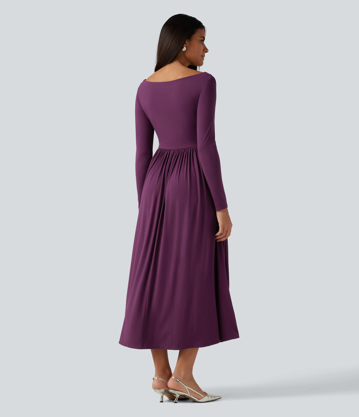 Off Shoulder Long Sleeve Midi Party Dress with Pockets — Gloxinia — view 2