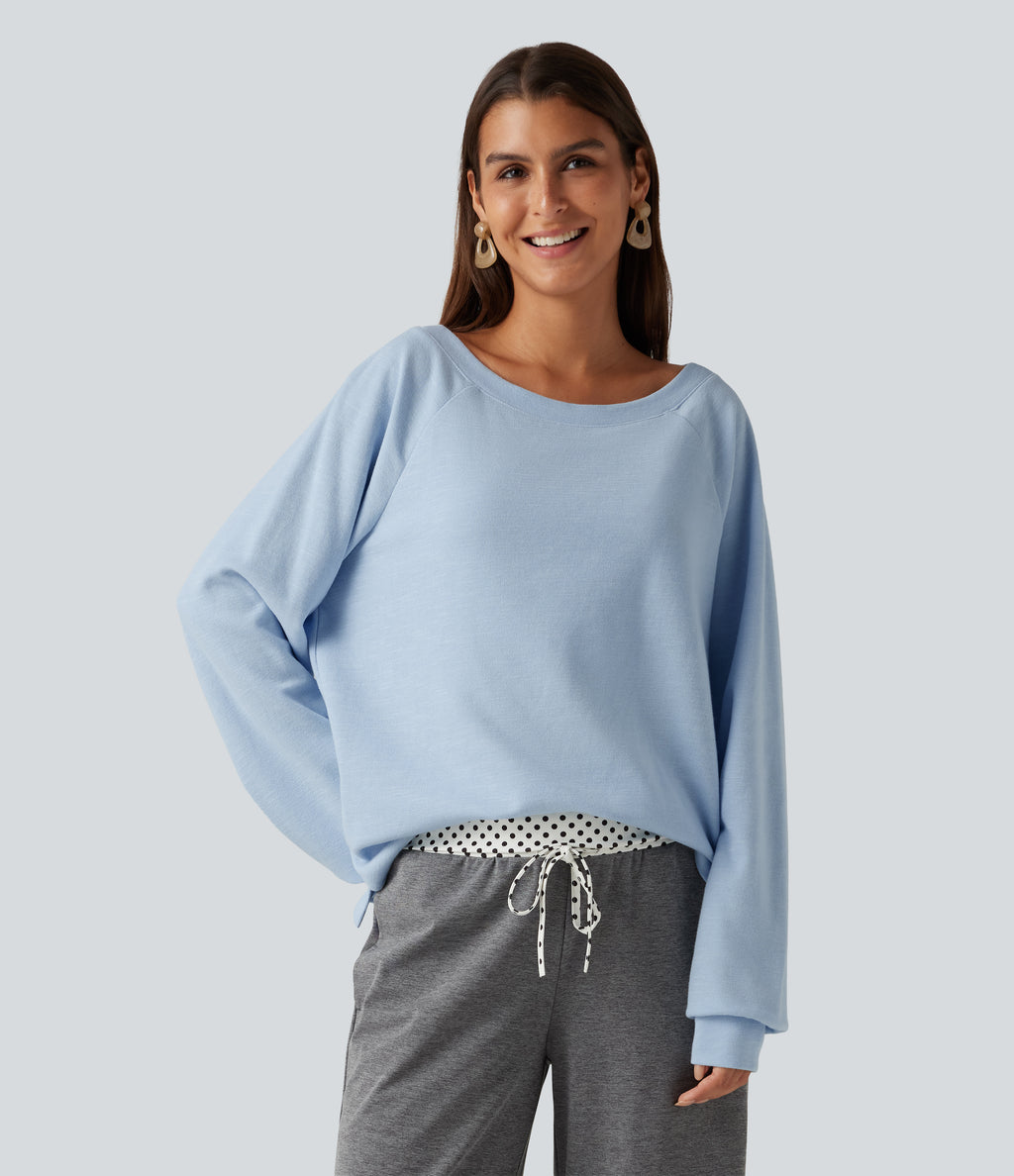 Boat Neck Raglan Long Sleeve Built-in Bra Casual Cotton Sweatshirt — Sky Blue Foam — view 4