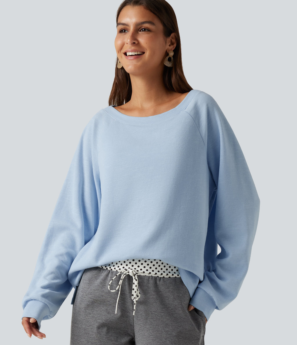 Boat Neck Raglan Long Sleeve Built-in Bra Casual Cotton Sweatshirt — Sky Blue Foam — view 6