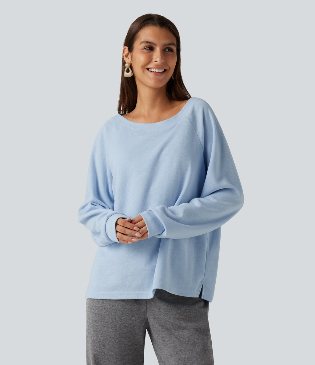 Boat Neck Raglan Long Sleeve Built-in Bra Casual Cotton Sweatshirt — Sky Blue Foam — view 5