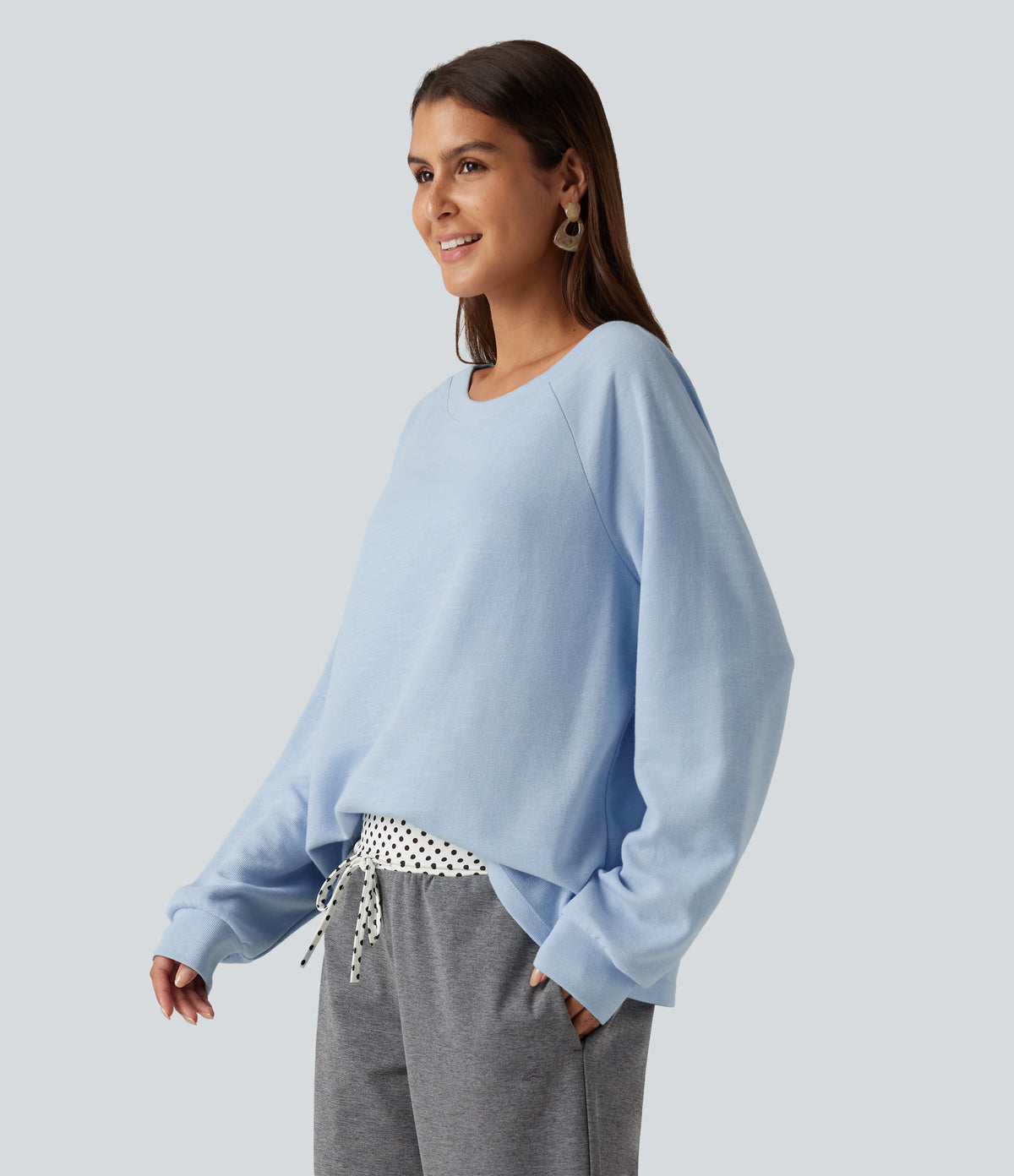 Boat Neck Raglan Long Sleeve Built-in Bra Casual Cotton Sweatshirt — Sky Blue Foam — view 3