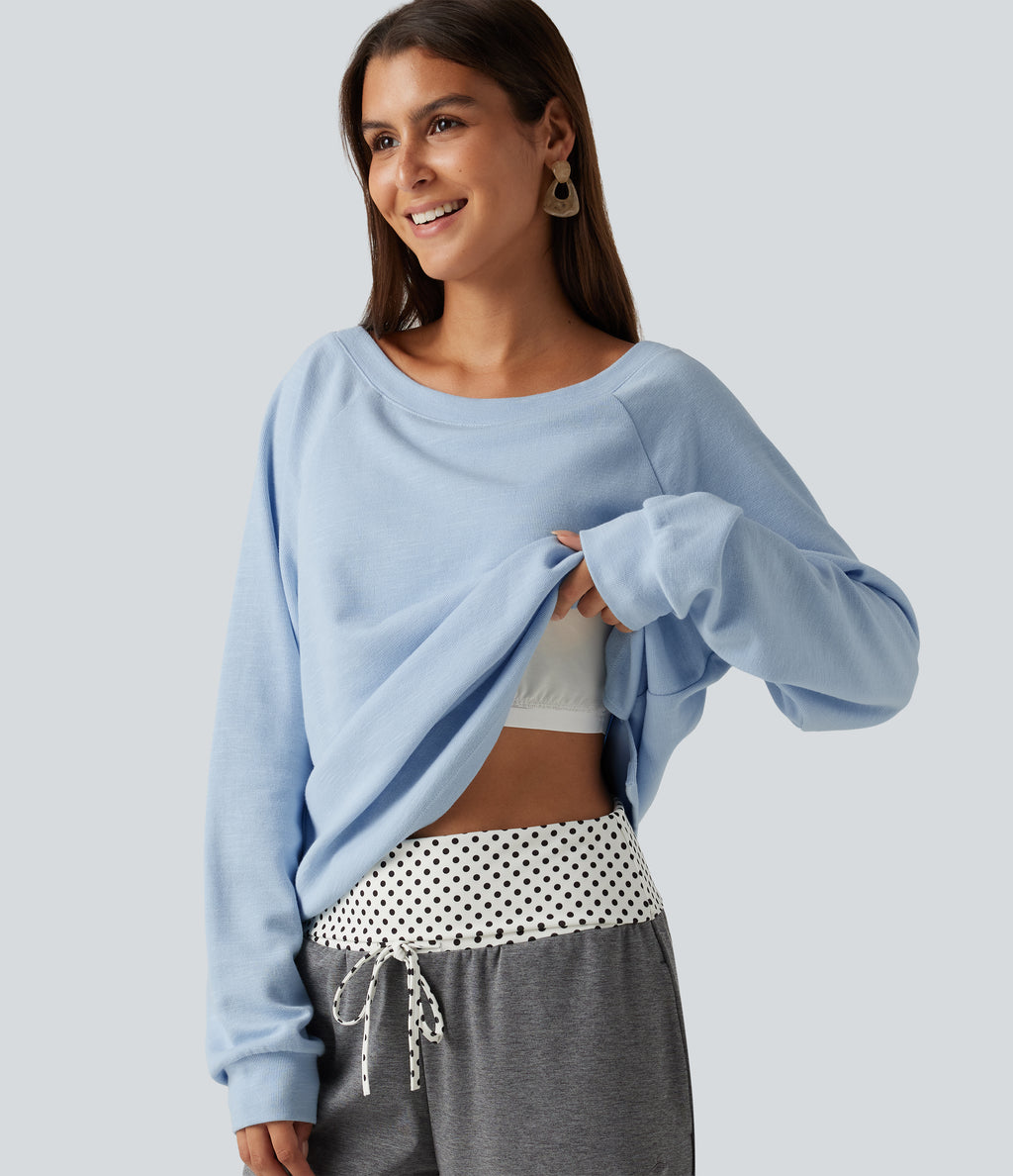 Boat Neck Raglan Long Sleeve Built-in Bra Casual Cotton Sweatshirt — Sky Blue Foam — view 1