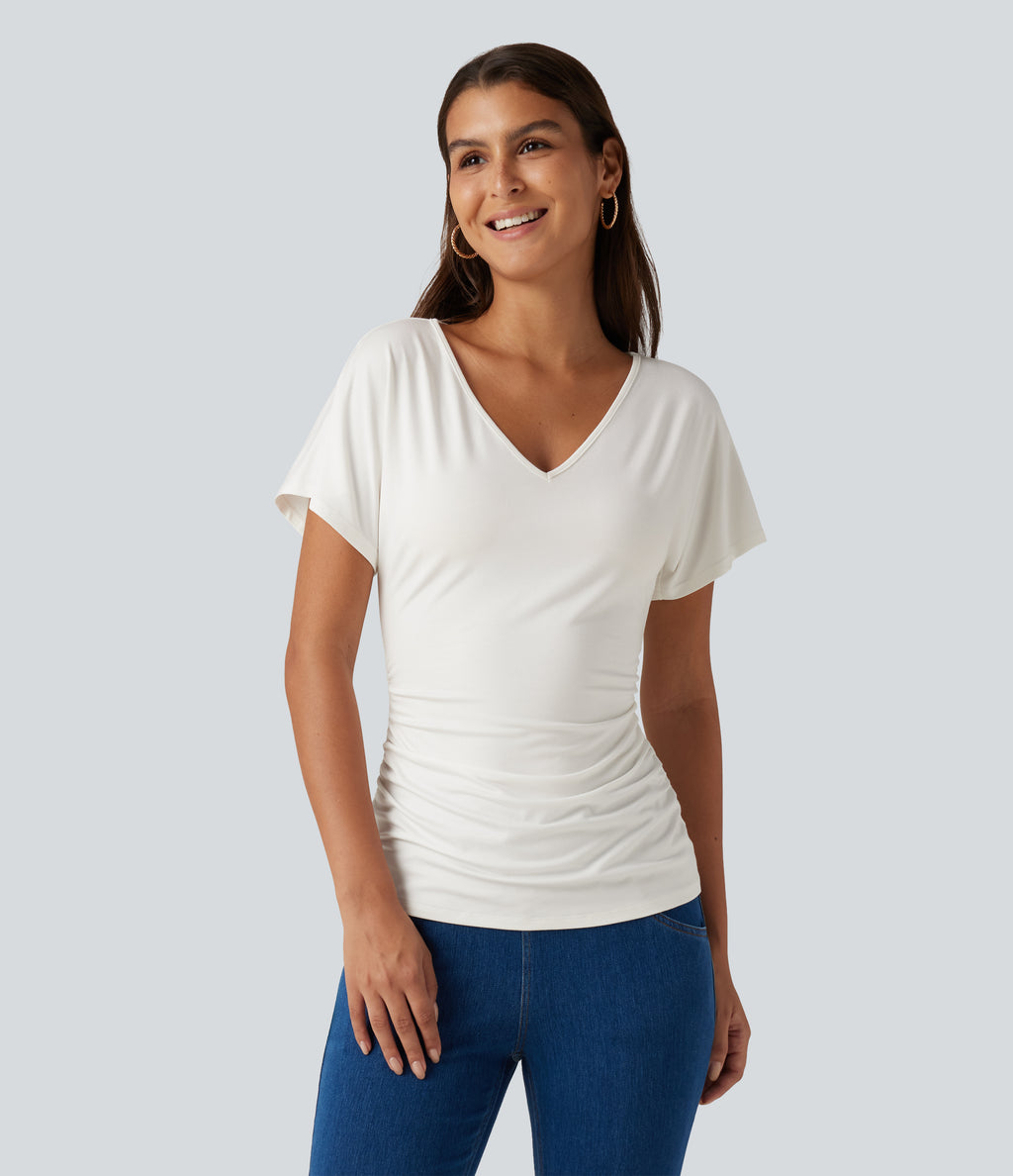 V-Neck Short Sleeve Ruched Slim Casual T-Shirt — White — view 4