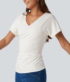 V-Neck Short Sleeve Ruched Slim Casual T-Shirt — White — view 5