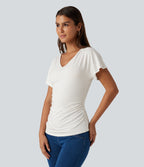 V-Neck Short Sleeve Ruched Slim Casual T-Shirt — White — view 3
