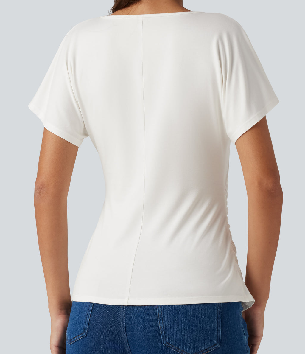 V-Neck Short Sleeve Ruched Slim Casual T-Shirt — White — view 6