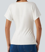 V-Neck Short Sleeve Ruched Slim Casual T-Shirt — White — view 6