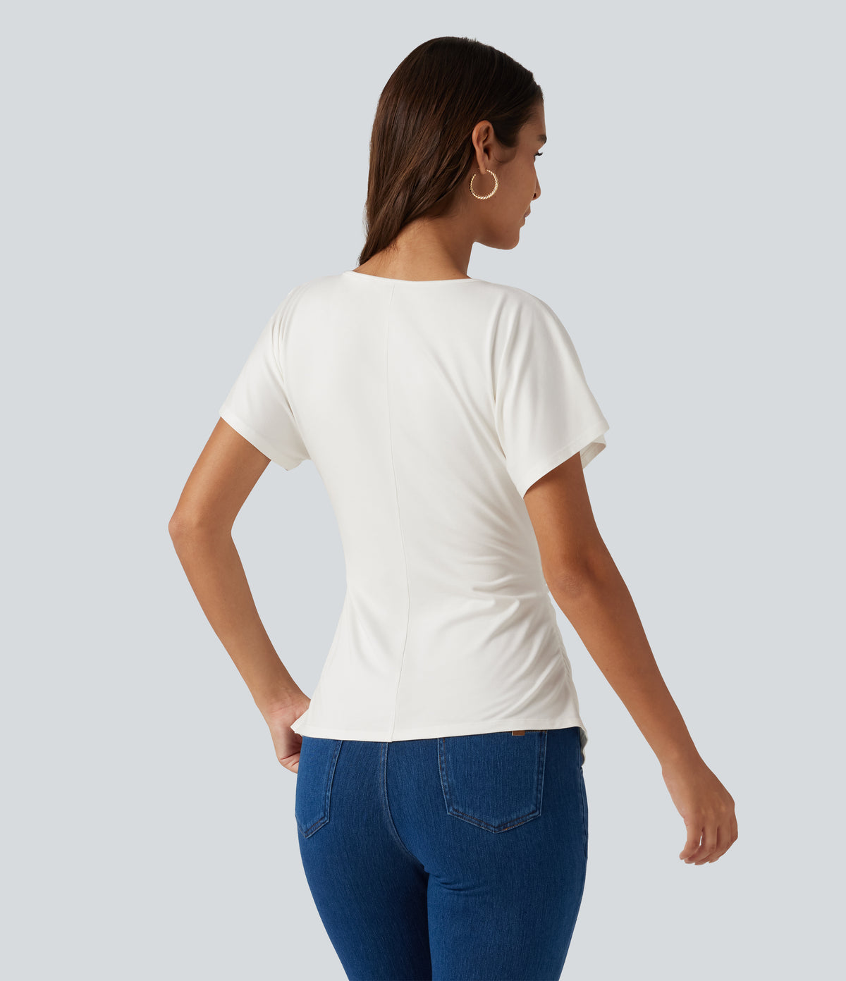 V-Neck Short Sleeve Ruched Slim Casual T-Shirt — White — view 2
