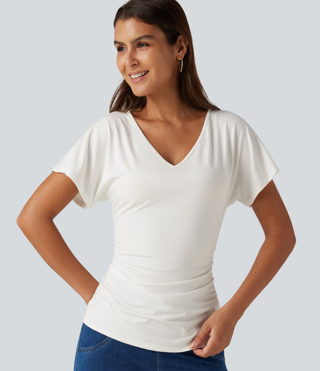 V-Neck Short Sleeve Ruched Slim Casual T-Shirt — White — view 1