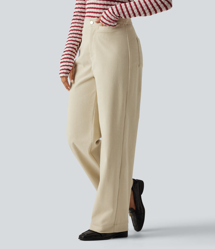 High Waisted Straight Leg Corduroy Casual Trousers with Pockets — Cream Mist Ribbed — view 1