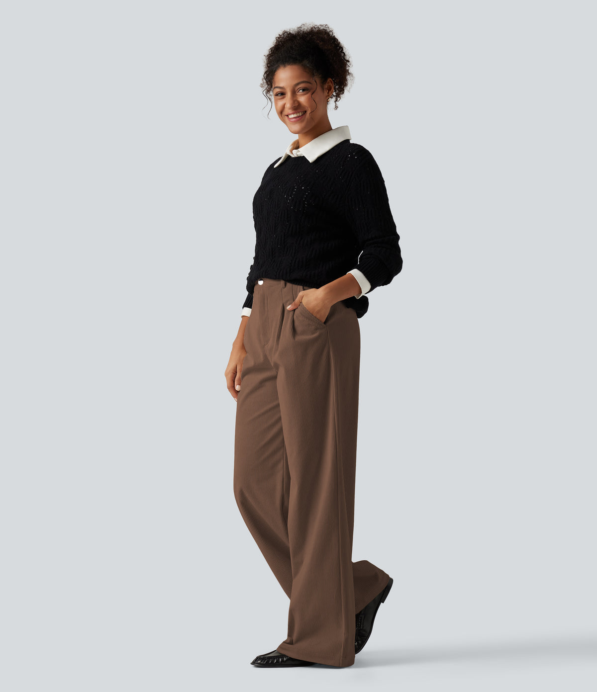 High Waisted Wide Leg Corduroy Casual Trousers with Pockets — Cappuccino — view 6