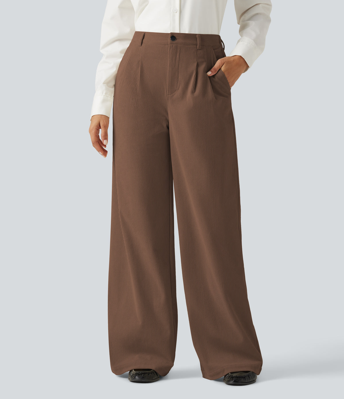 High Waisted Wide Leg Corduroy Casual Trousers with Pockets — Cappuccino — view 3
