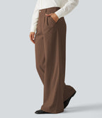 High Waisted Wide Leg Corduroy Casual Trousers with Pockets — Cappuccino — view 1