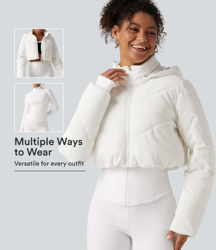 PuffFlex 3-in-1 Removable Hooded Long Sleeve Thumb Holes Casual Puffer Jacket with Pockets — White — view 1