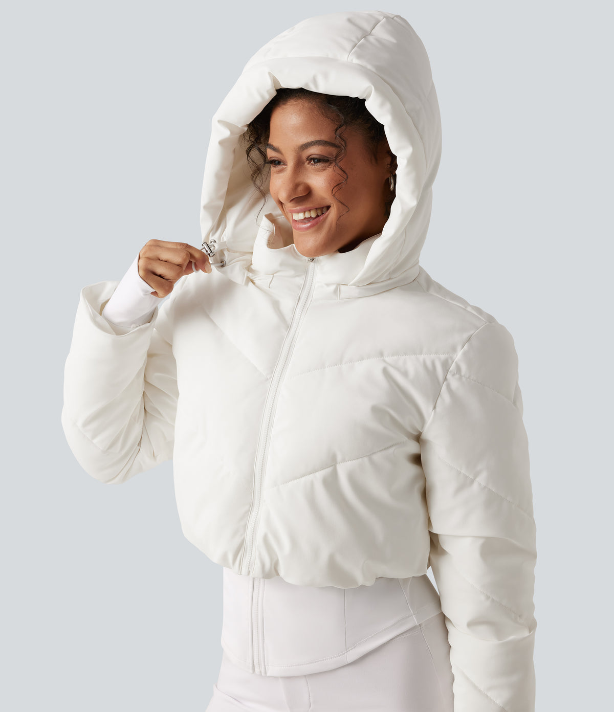 PuffFlex 3-in-1 Removable Hooded Long Sleeve Thumb Holes Casual Puffer Jacket with Pockets — White — view 6