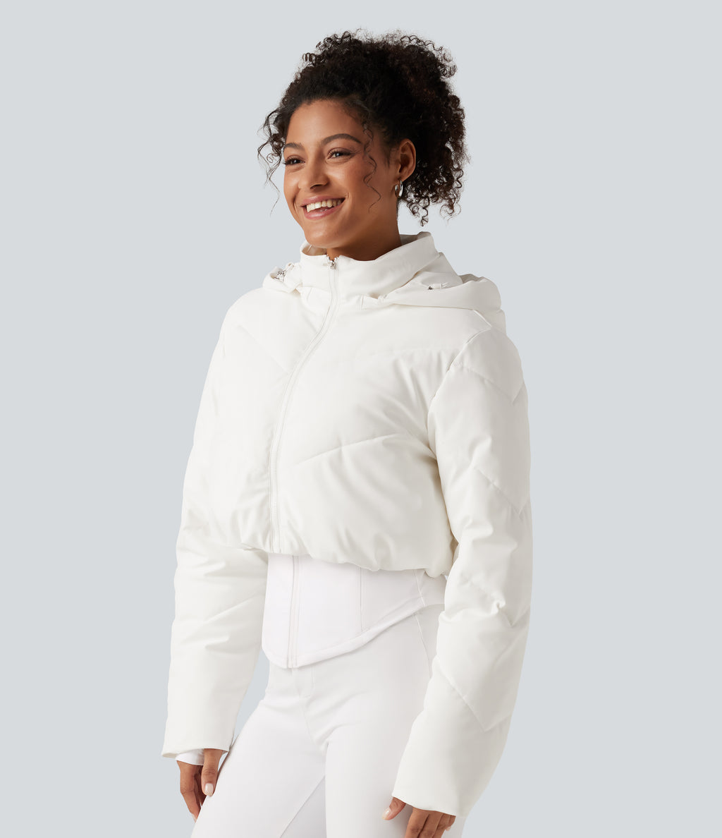 PuffFlex 3-in-1 Removable Hooded Long Sleeve Thumb Holes Casual Puffer Jacket with Pockets — White — view 3