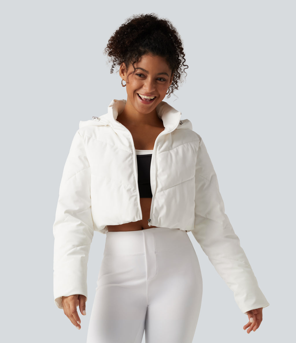 PuffFlex 3-in-1 Removable Hooded Long Sleeve Thumb Holes Casual Puffer Jacket with Pockets — White — view 4