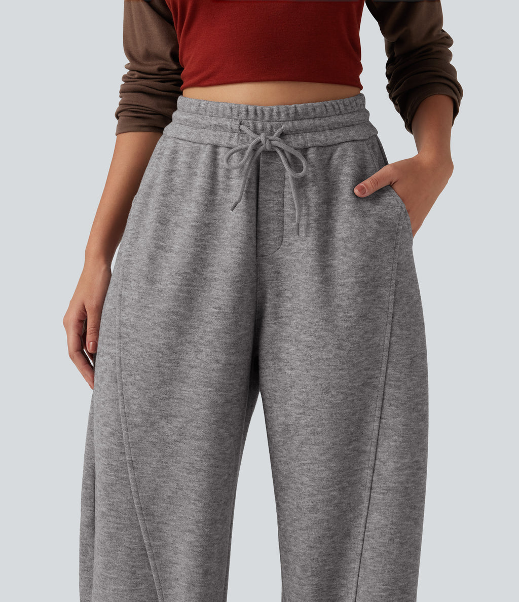 High Waisted Drawstring Barrel Leg Casual Trousers with Pockets — Mottled Cloud Grey — view 4