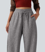 High Waisted Drawstring Barrel Leg Casual Trousers with Pockets — Mottled Cloud Grey — view 4