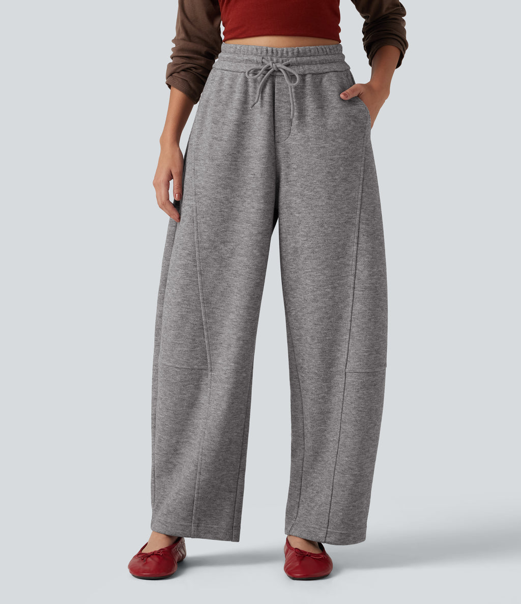High Waisted Drawstring Barrel Leg Casual Trousers with Pockets — Mottled Cloud Grey — view 1