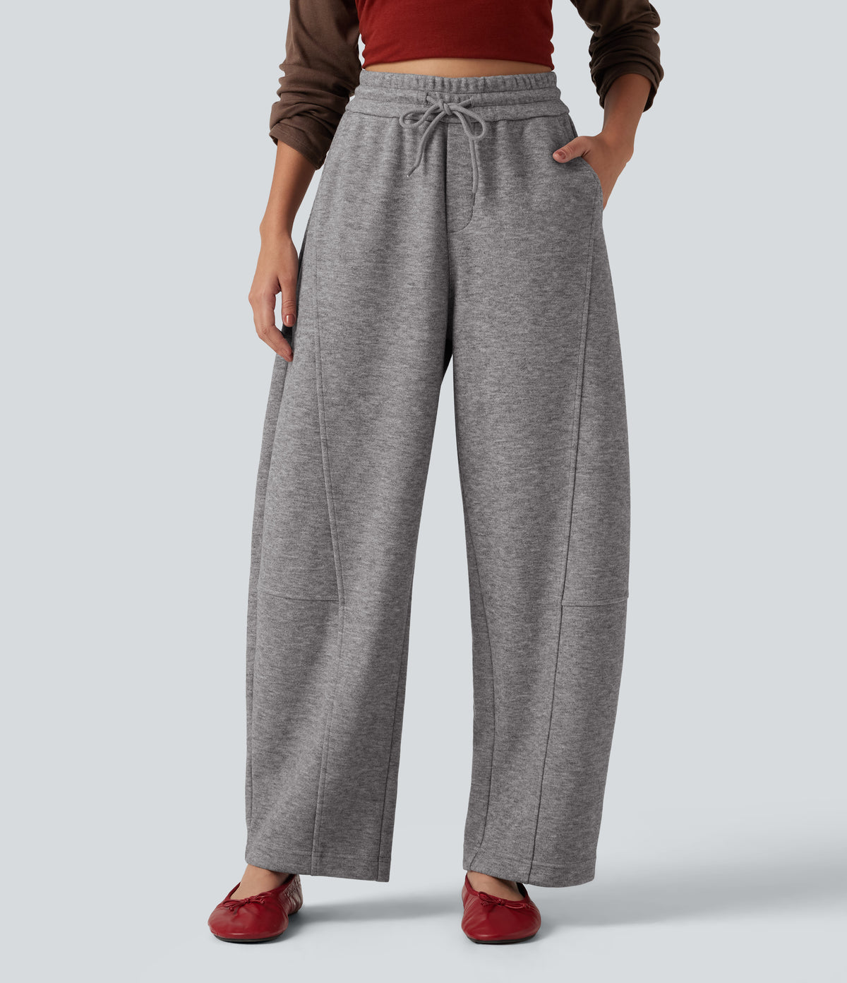 High Waisted Drawstring Barrel Leg Casual Trousers with Pockets — Mottled Cloud Grey — view 1