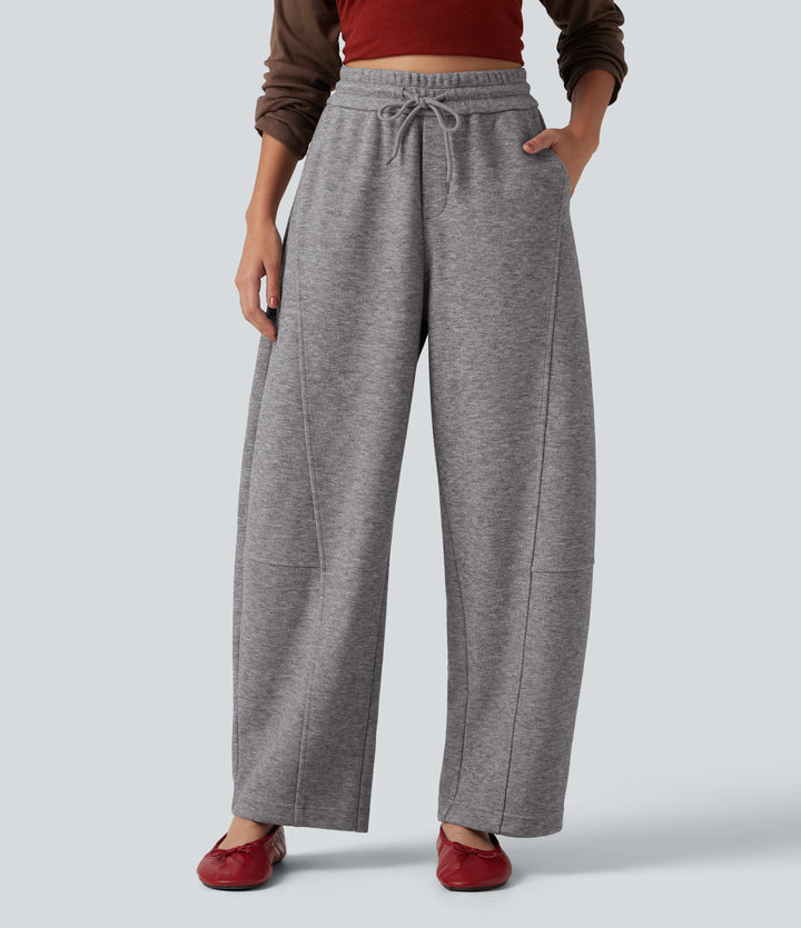 High Waisted Drawstring Barrel Leg Casual Trousers with Pockets — Mottled Cloud Grey — view 1