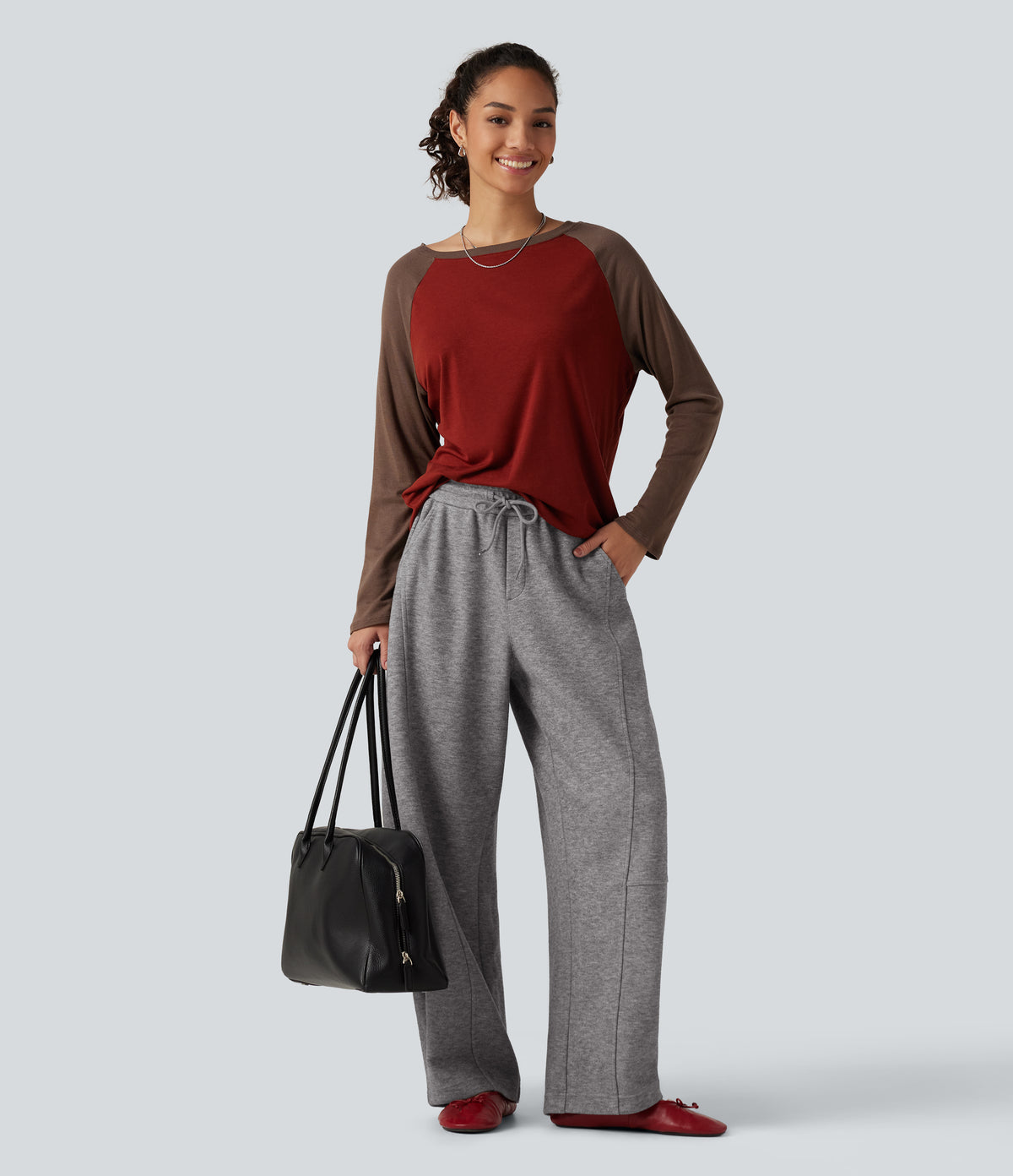 High Waisted Drawstring Barrel Leg Casual Trousers with Pockets — Mottled Cloud Grey — view 8