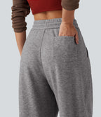 High Waisted Drawstring Barrel Leg Casual Trousers with Pockets — Mottled Cloud Grey — view 5