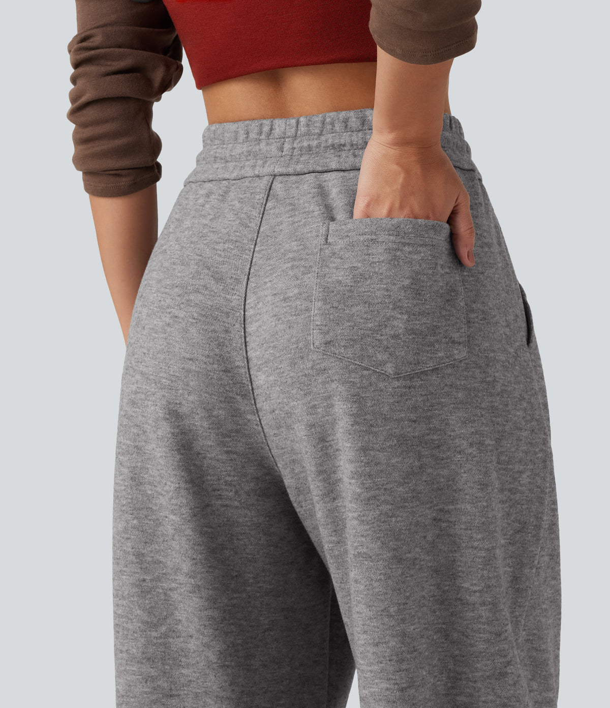 High Waisted Drawstring Barrel Leg Casual Trousers with Pockets — Mottled Cloud Grey — view 5