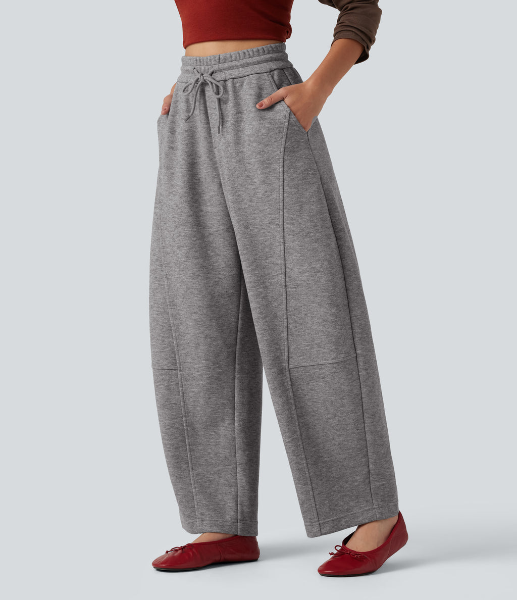 High Waisted Drawstring Barrel Leg Casual Trousers with Pockets — Mottled Cloud Grey — view 3