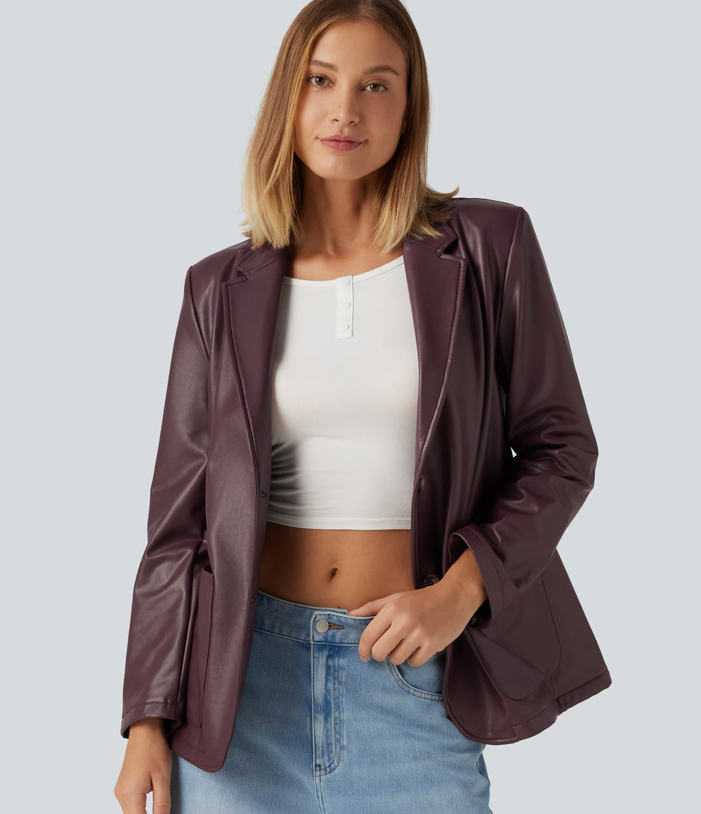 Notched Collar Long Sleeve PU Casual Blazer with Pockets — Windsor Wine — view 1