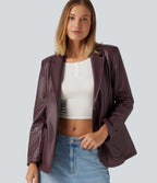 Notched Collar Long Sleeve PU Casual Blazer with Pockets — Windsor Wine — view 1