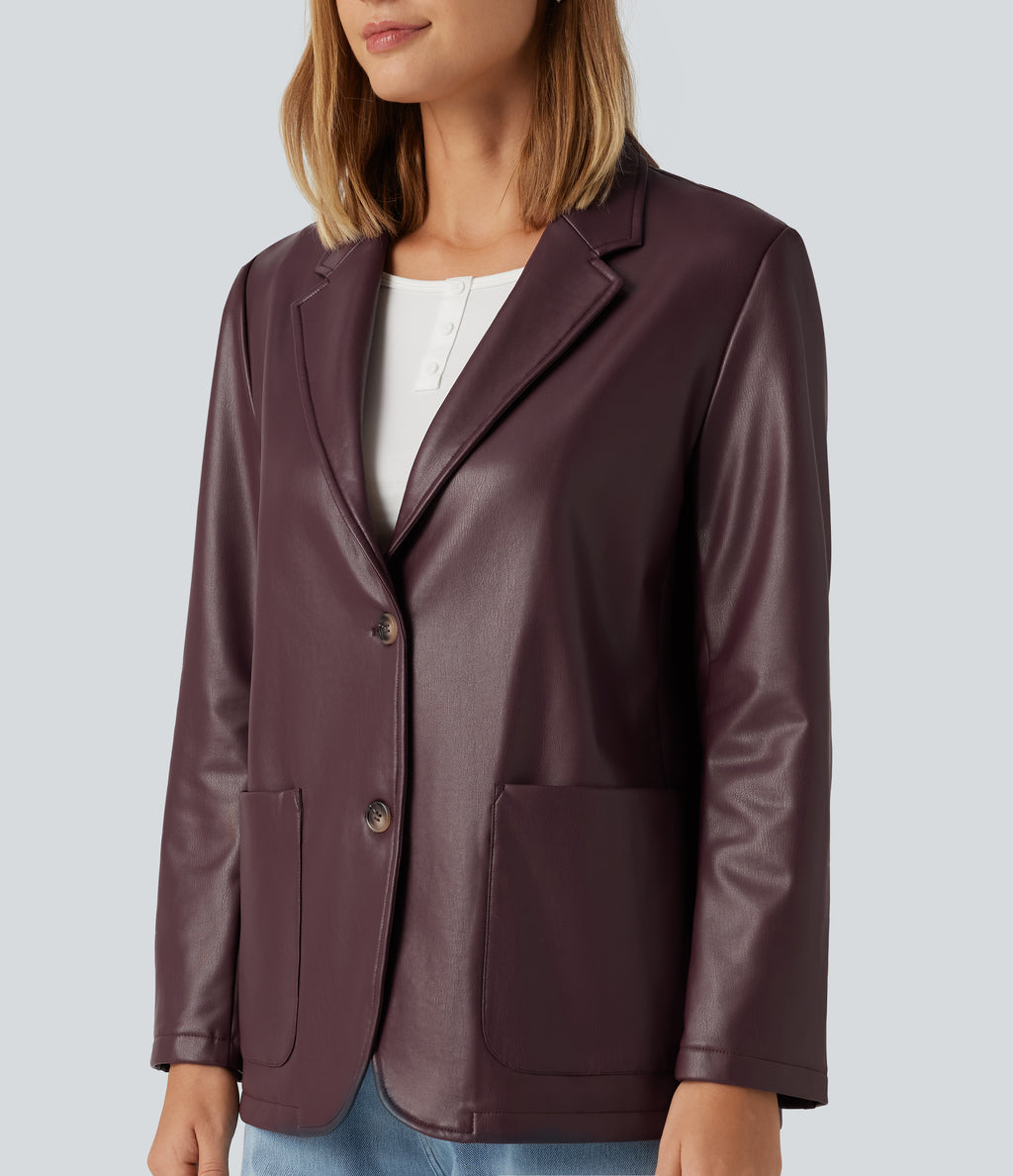 Notched Collar Long Sleeve PU Casual Blazer with Pockets — Windsor Wine — view 6