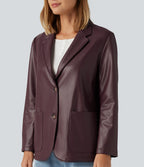 Notched Collar Long Sleeve PU Casual Blazer with Pockets — Windsor Wine — view 6