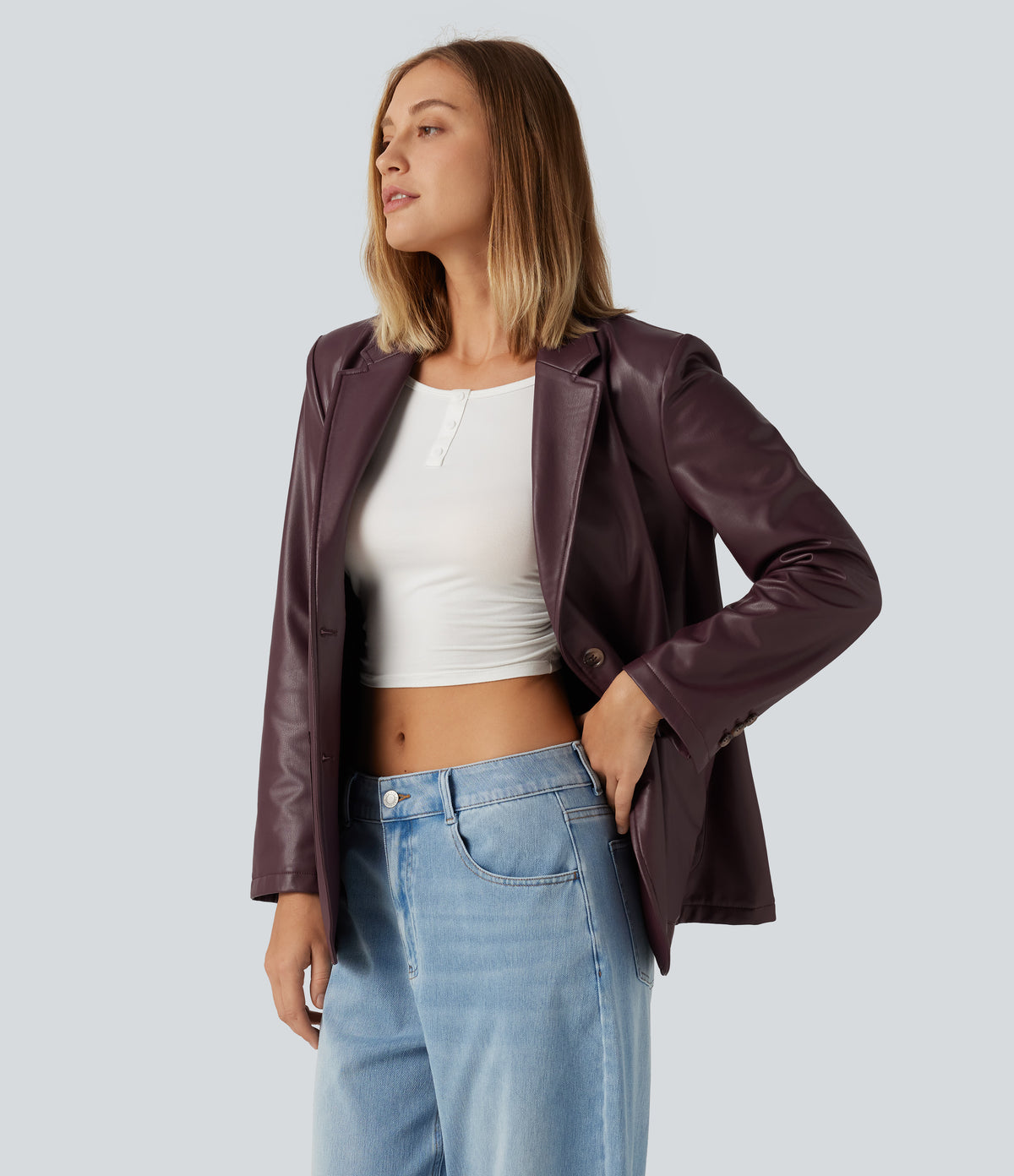 Notched Collar Long Sleeve PU Casual Blazer with Pockets — Windsor Wine — view 3