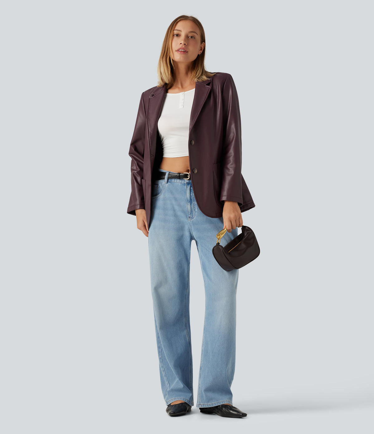 Notched Collar Long Sleeve PU Casual Blazer with Pockets — Windsor Wine — view 5