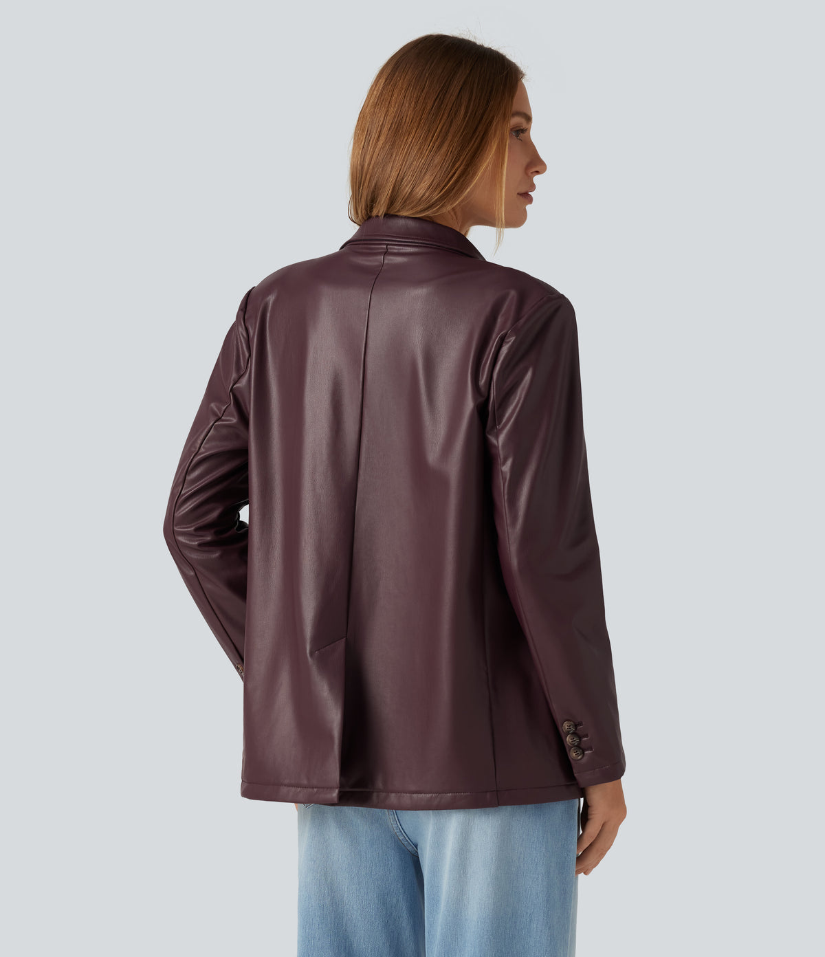 Notched Collar Long Sleeve PU Casual Blazer with Pockets — Windsor Wine — view 2