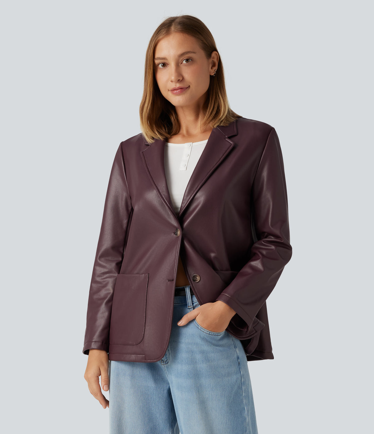 Notched Collar Long Sleeve PU Casual Blazer with Pockets — Windsor Wine — view 4
