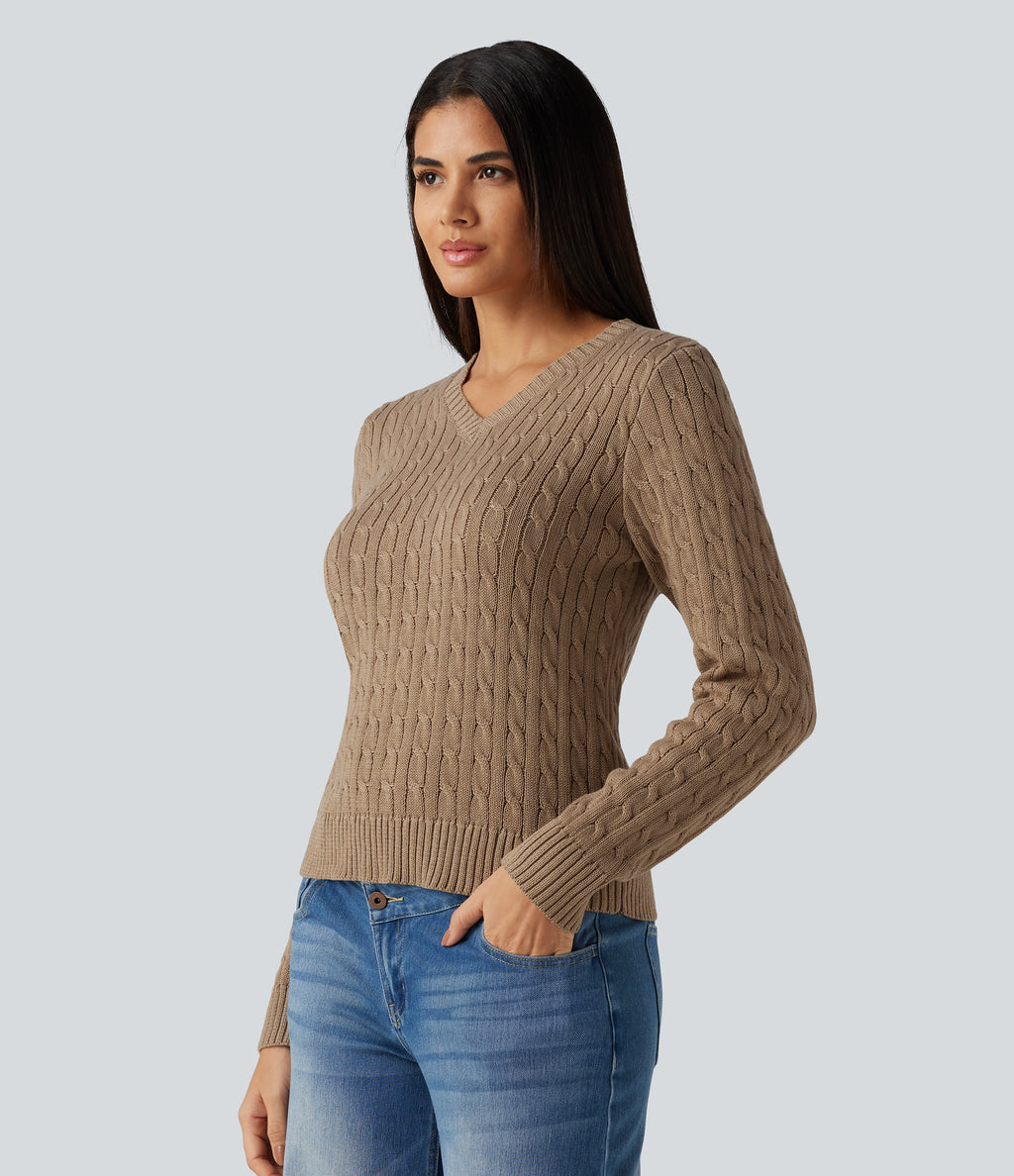 Cable Knit V Neck Long Sleeve Work Jumper — Bronzed Cider — view 3