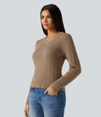 Cable Knit V Neck Long Sleeve Work Jumper — Bronzed Cider — view 3