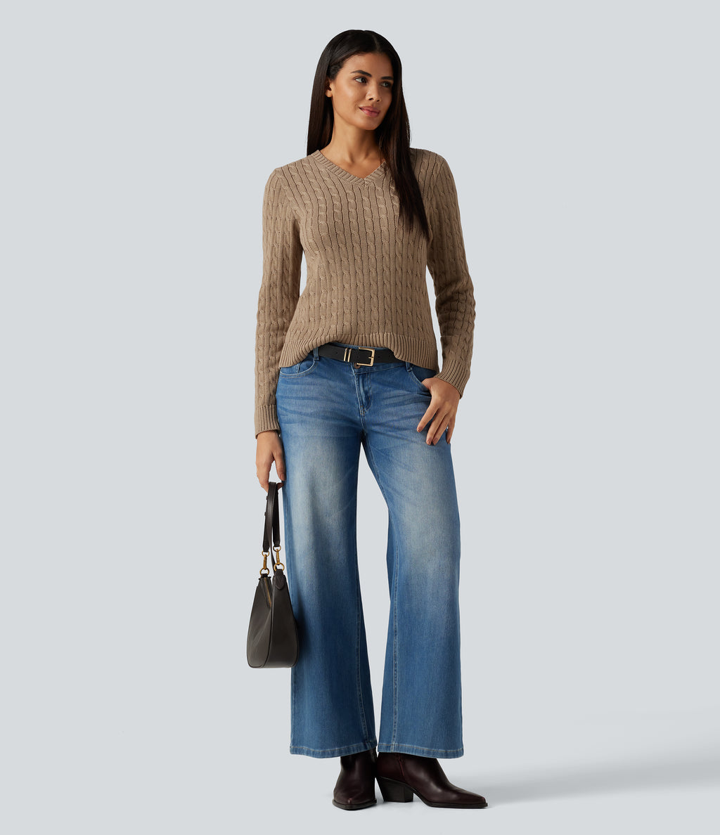 Cable Knit V Neck Long Sleeve Work Jumper — Bronzed Cider — view 7